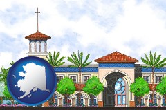 ak map icon and an architectural rendering of a Christian high school building
