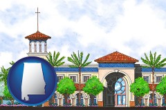 al map icon and an architectural rendering of a Christian high school building
