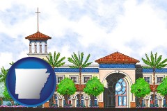 ar map icon and an architectural rendering of a Christian high school building