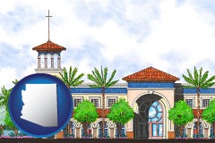 az map icon and an architectural rendering of a Christian high school building