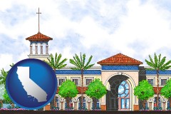 ca map icon and an architectural rendering of a Christian high school building