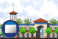 co map icon and an architectural rendering of a Christian high school building
