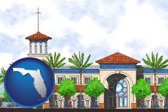 fl map icon and an architectural rendering of a Christian high school building