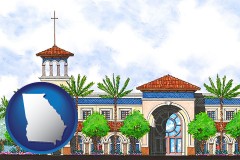 ga map icon and an architectural rendering of a Christian high school building