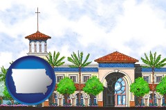 ia map icon and an architectural rendering of a Christian high school building