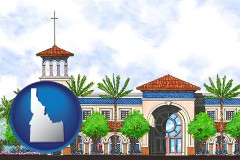 id map icon and an architectural rendering of a Christian high school building
