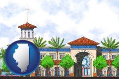 il map icon and an architectural rendering of a Christian high school building