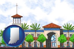 in map icon and an architectural rendering of a Christian high school building