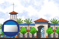 ks map icon and an architectural rendering of a Christian high school building