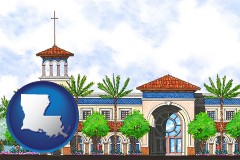 la map icon and an architectural rendering of a Christian high school building