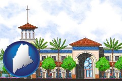 me map icon and an architectural rendering of a Christian high school building
