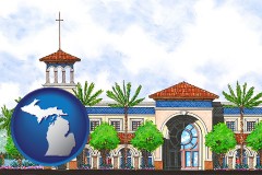 mi map icon and an architectural rendering of a Christian high school building