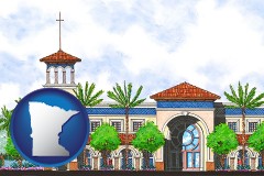 mn map icon and an architectural rendering of a Christian high school building