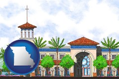 mo map icon and an architectural rendering of a Christian high school building