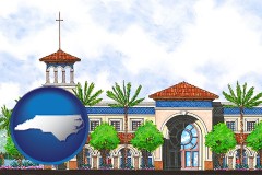 nc map icon and an architectural rendering of a Christian high school building