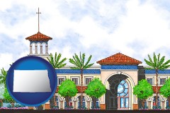 nd map icon and an architectural rendering of a Christian high school building