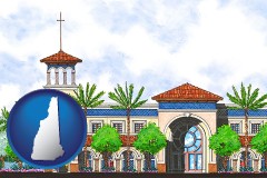nh map icon and an architectural rendering of a Christian high school building