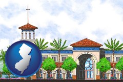 nj map icon and an architectural rendering of a Christian high school building