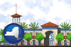ny map icon and an architectural rendering of a Christian high school building