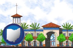oh map icon and an architectural rendering of a Christian high school building