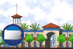 pa map icon and an architectural rendering of a Christian high school building