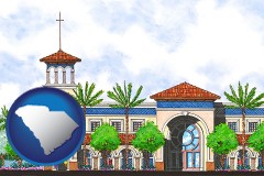 sc map icon and an architectural rendering of a Christian high school building