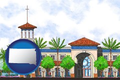 sd map icon and an architectural rendering of a Christian high school building