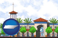 tn map icon and an architectural rendering of a Christian high school building