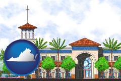 va map icon and an architectural rendering of a Christian high school building