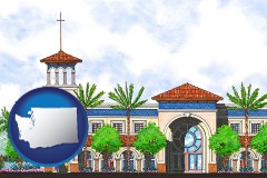 wa map icon and an architectural rendering of a Christian high school building