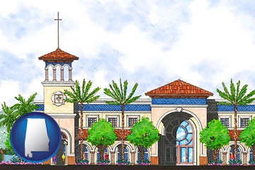 an architectural rendering of a Christian high school building - with Alabama icon