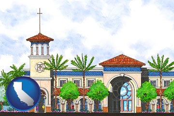 an architectural rendering of a Christian high school building - with California icon