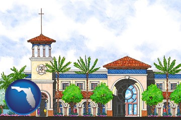 an architectural rendering of a Christian high school building - with Florida icon