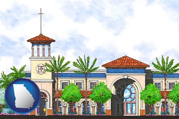 an architectural rendering of a Christian high school building - with Georgia icon