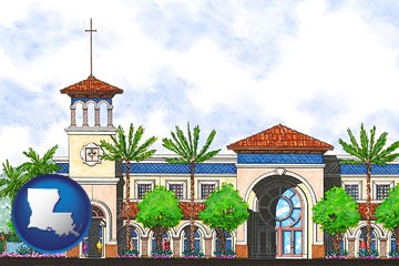 an architectural rendering of a Christian high school building - with Louisiana icon