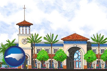 an architectural rendering of a Christian high school building - with North Carolina icon