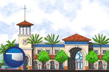 an architectural rendering of a Christian high school building - with Oklahoma icon
