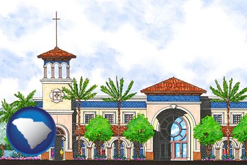 an architectural rendering of a Christian high school building - with South Carolina icon