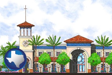 an architectural rendering of a Christian high school building - with Texas icon
