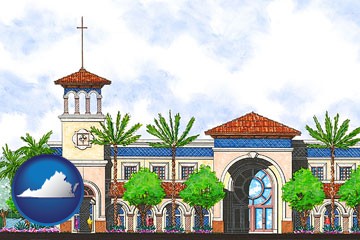 an architectural rendering of a Christian high school building - with Virginia icon
