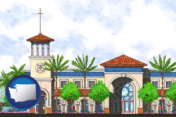 an architectural rendering of a Christian high school building - with Washington icon