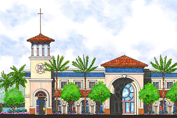 an architectural rendering of a Christian high school building