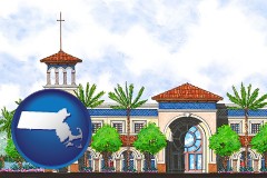 ma map icon and an architectural rendering of a Christian high school building