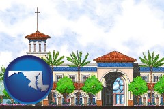 md map icon and an architectural rendering of a Christian high school building