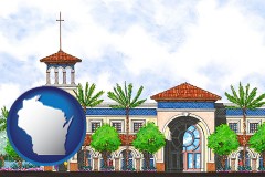 wi map icon and an architectural rendering of a Christian high school building