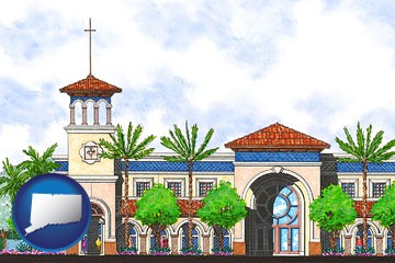 an architectural rendering of a Christian high school building - with Connecticut icon