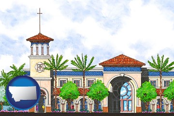an architectural rendering of a Christian high school building - with Montana icon