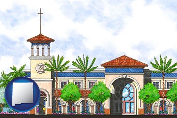 an architectural rendering of a Christian high school building - with New Mexico icon