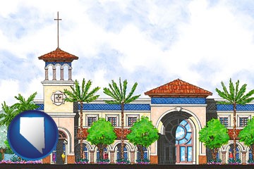 an architectural rendering of a Christian high school building - with Nevada icon